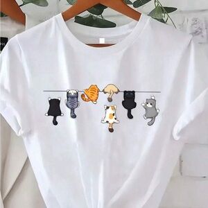 Cute Cat Print White T-Shirt